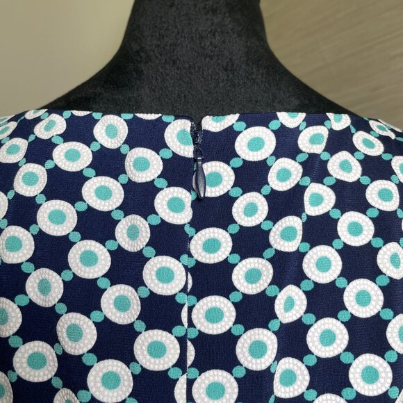 Women's Size 12 Liz Claiborne Navy Teal White Print Sleeveless Dress w/ Pockets - Picture 8 of 11